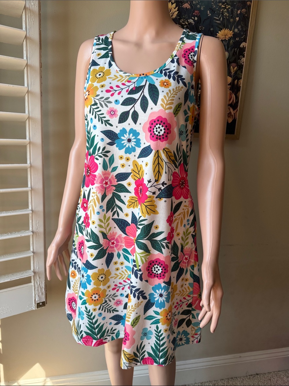 Floral Scoop-Neck Mini Dress in White with Pink & Yellow Blooms